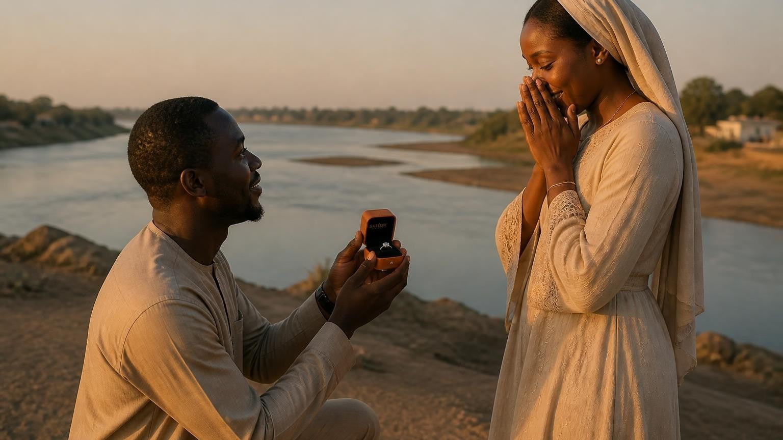 Marriage proposal in Chad with the Satéur Destinée Ring — sunset over the Ennedi Plateau