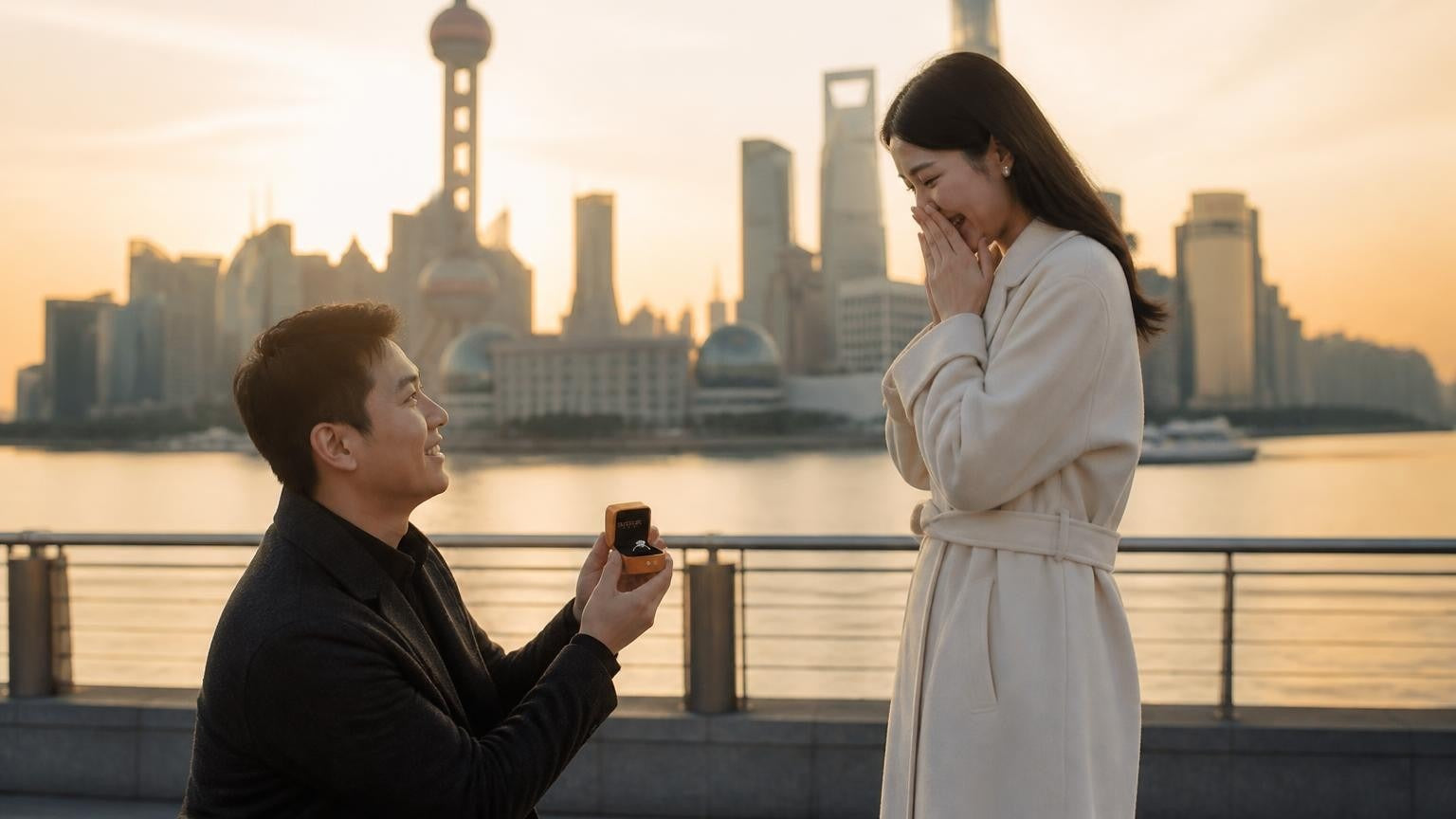 Marriage proposal in China with the Satéur Destinée Ring — West Lake, Hangzhou at golden hour