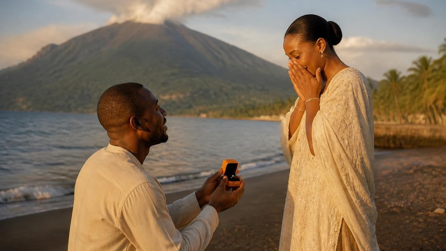 Marriage proposal in Comoros with the Satéur Destinée Ring — couple on the forested slopes of Mount Karthala above the Indian Ocean