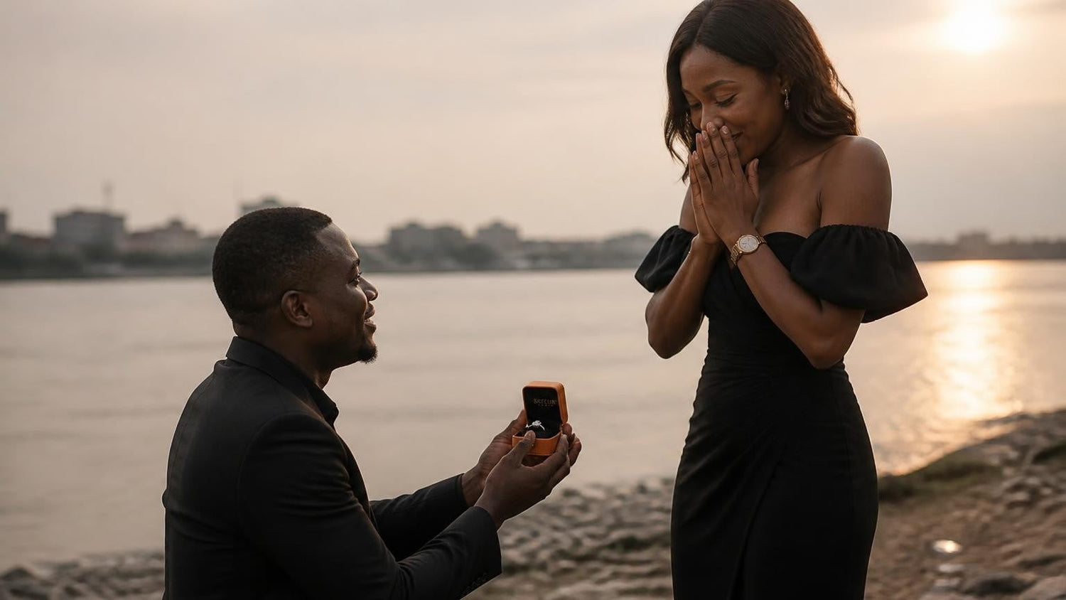Marriage proposal in the Republic of the Congo with the Satéur Destinée Ring — couple at the Congo River waterfront in Brazzaville