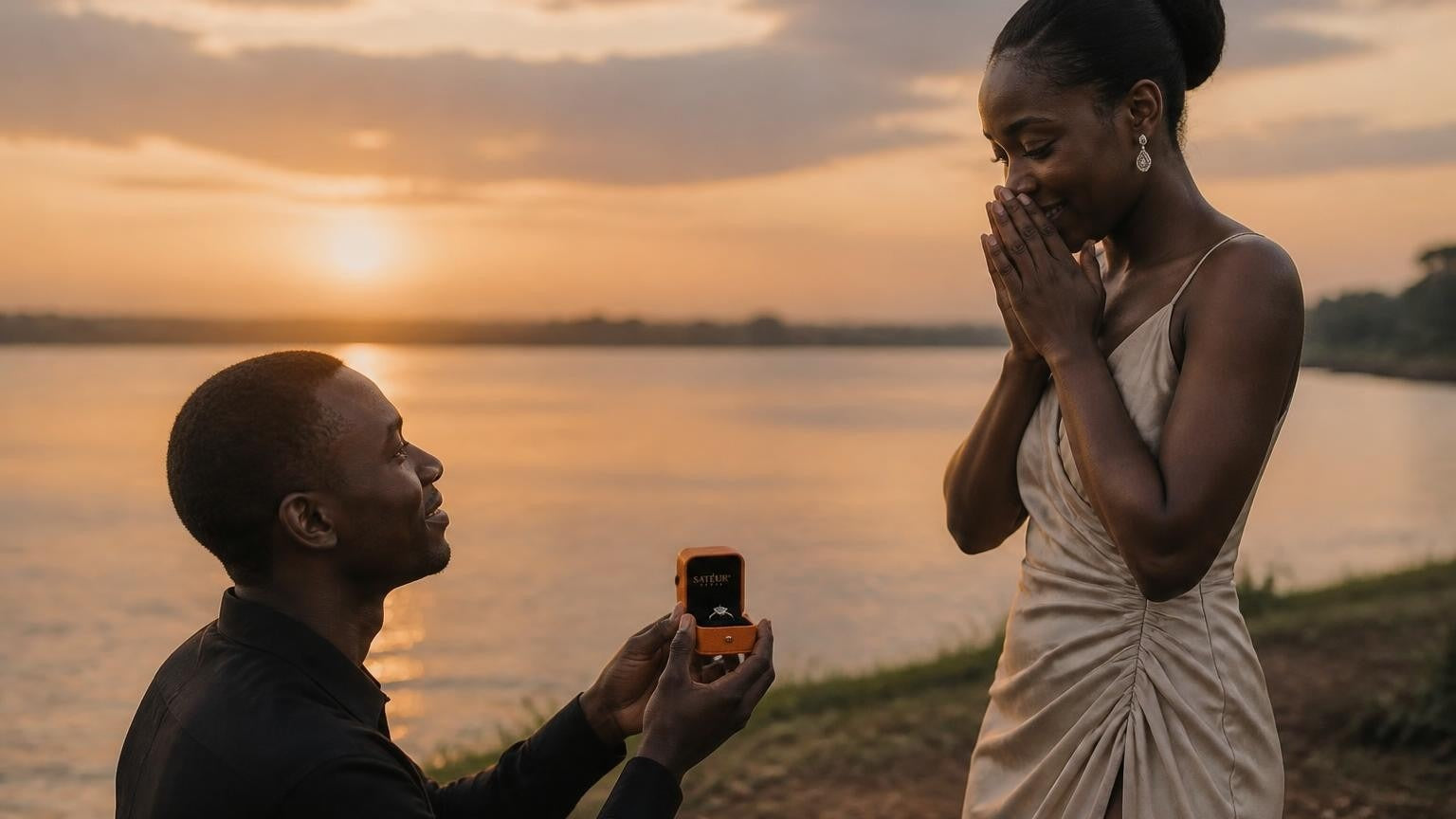 Marriage proposal in the Democratic Republic of the Congo with the Satéur Destinée Ring — Congo River at sunset in Kinshasa