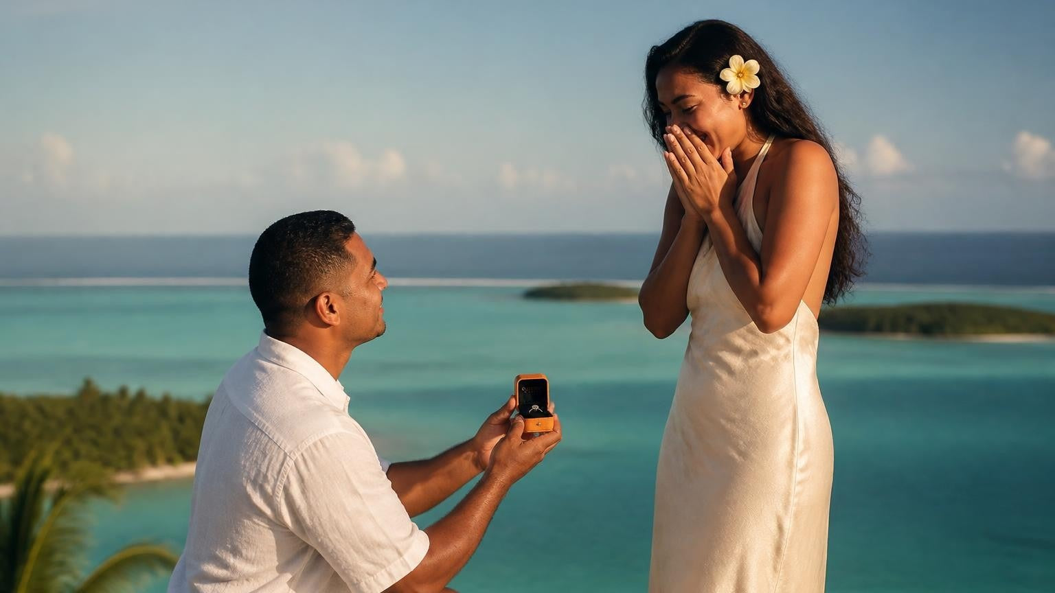 Marriage proposal in Cook Islands with the Satéur Destinée Ring — sunset over Aitutaki Lagoon