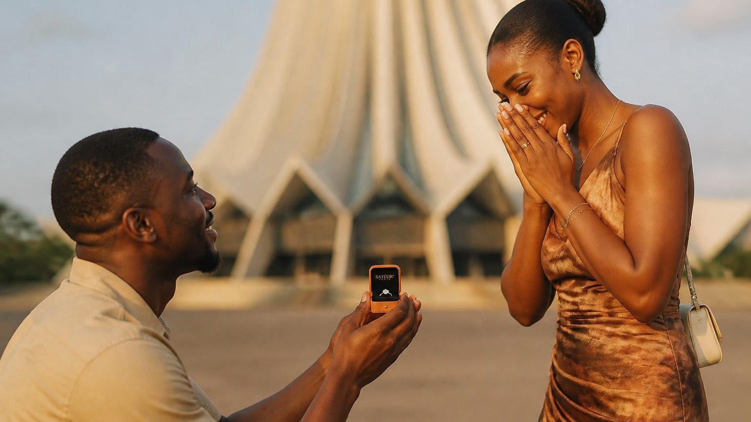 Marriage proposal in Côte d’Ivoire with the Satéur Destinée Ring — sunset at St. Paul’s Cathedral, Abidjan