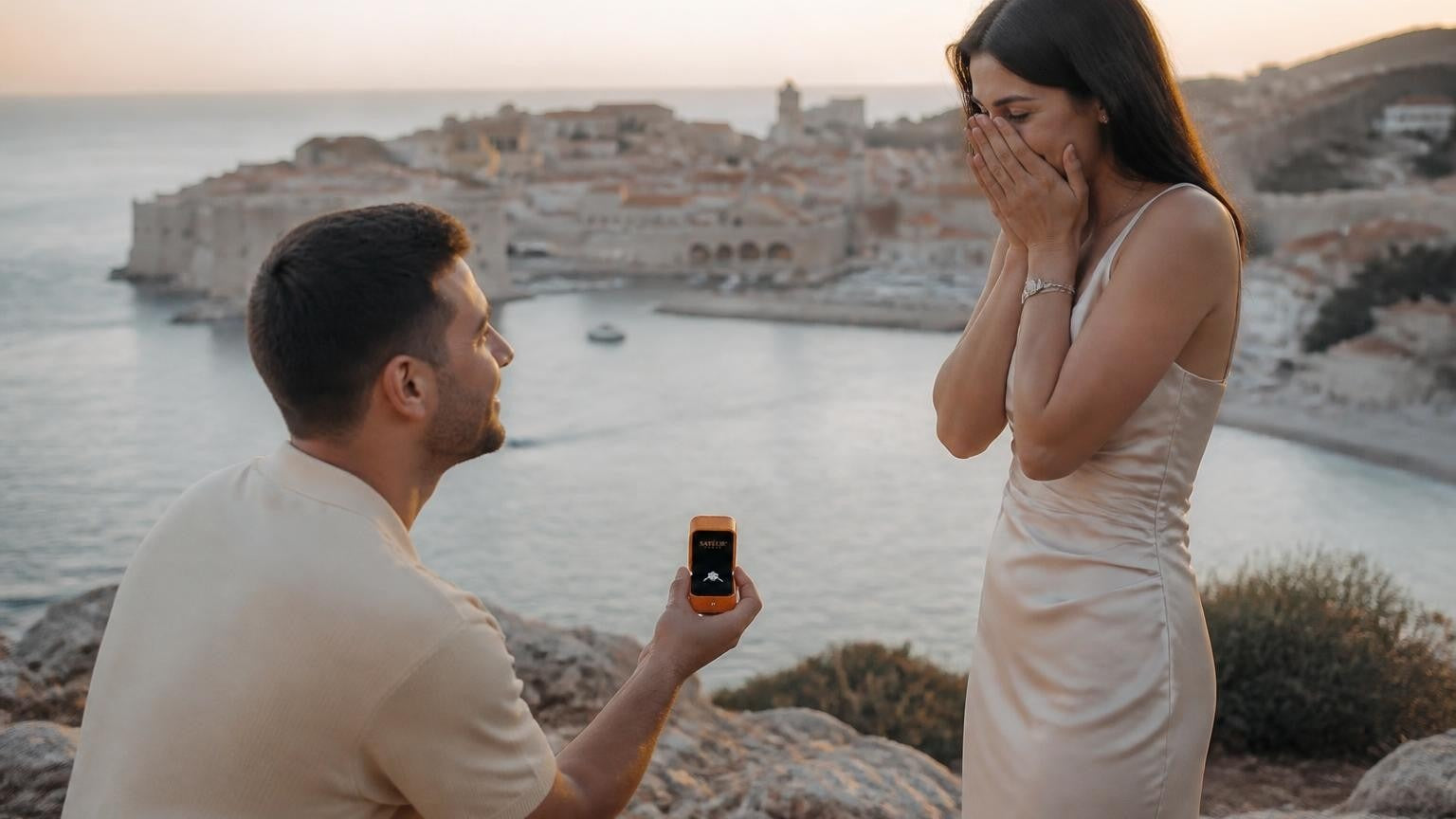 Marriage proposal in Croatia with the Satéur Destinée Ring — golden-hour engagement above the Dubrovnik Old City walls and Adriatic Sea