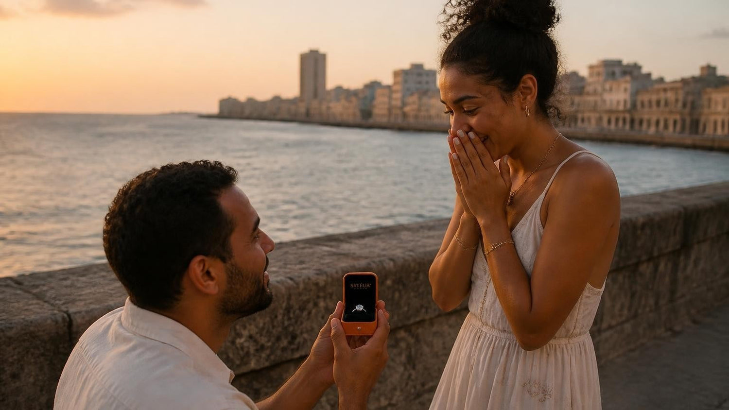Marriage proposal in Cuba with the Satéur Destinée Ring — sunset on the Malecón seawall in Havana