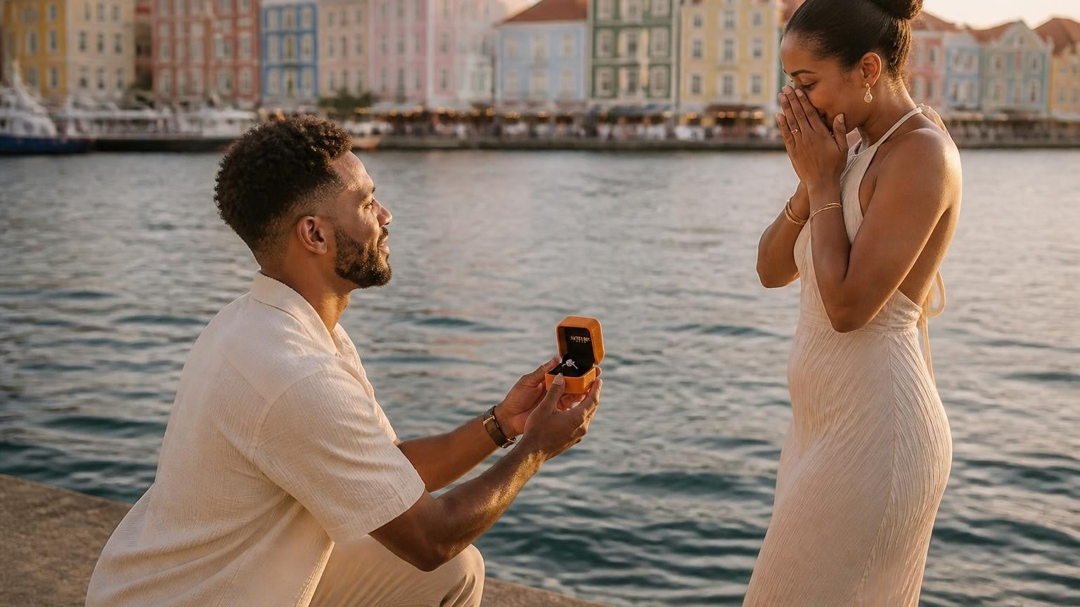 Marriage proposal in Curaçao with the Satéur Destinée Ring — golden-hour moment on the Handelskade waterfront, Willemstad