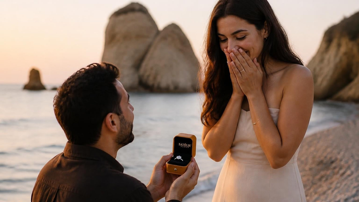 Marriage proposal in Cyprus with the Satéur Destinée Ring — dawn at Petra tou Romiou, Aphrodite's Rock