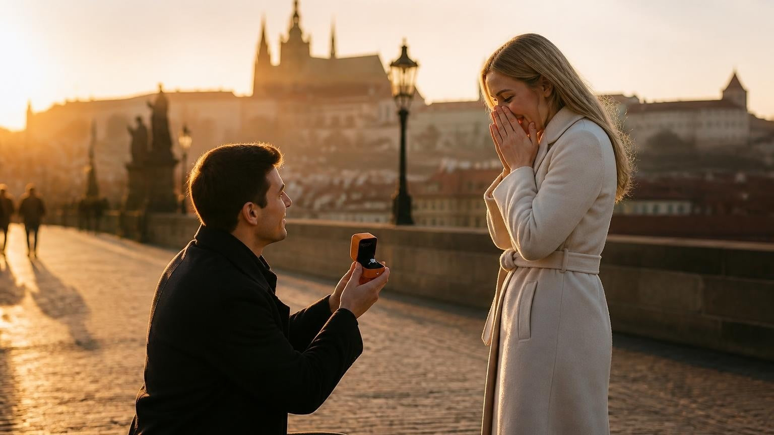 Marriage proposal in Czechia with the Satéur Destinée Ring — dawn on Charles Bridge with Prague Castle behind