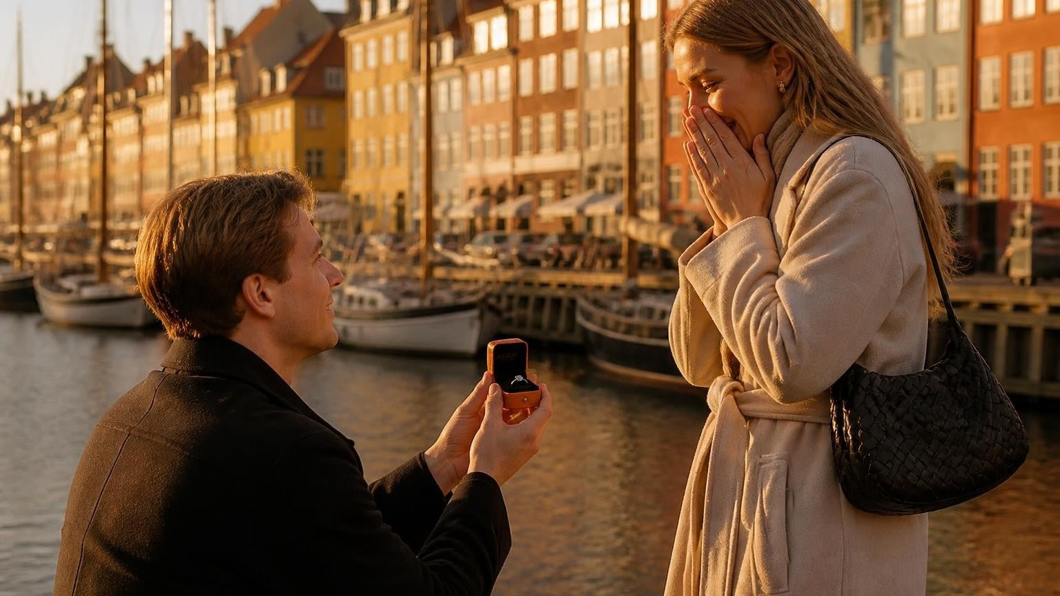 Marriage proposal in Denmark with the Satéur Destinée Ring — Nyhavn canal at golden hour