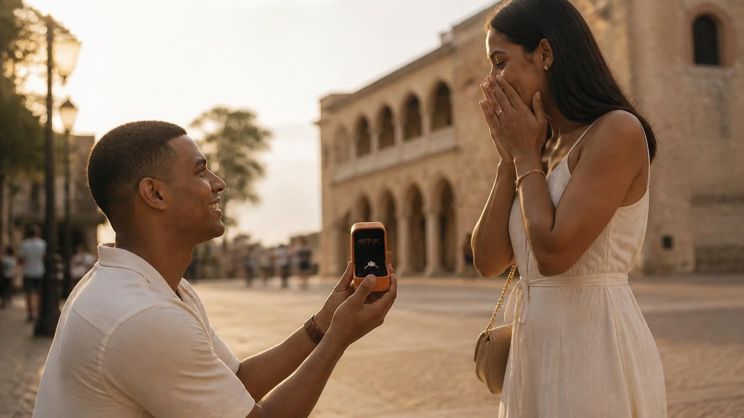 Marriage proposal in the Dominican Republic with the Satéur Destinée Ring — a couple at sunrise on a Punta Cana palm-lined beach