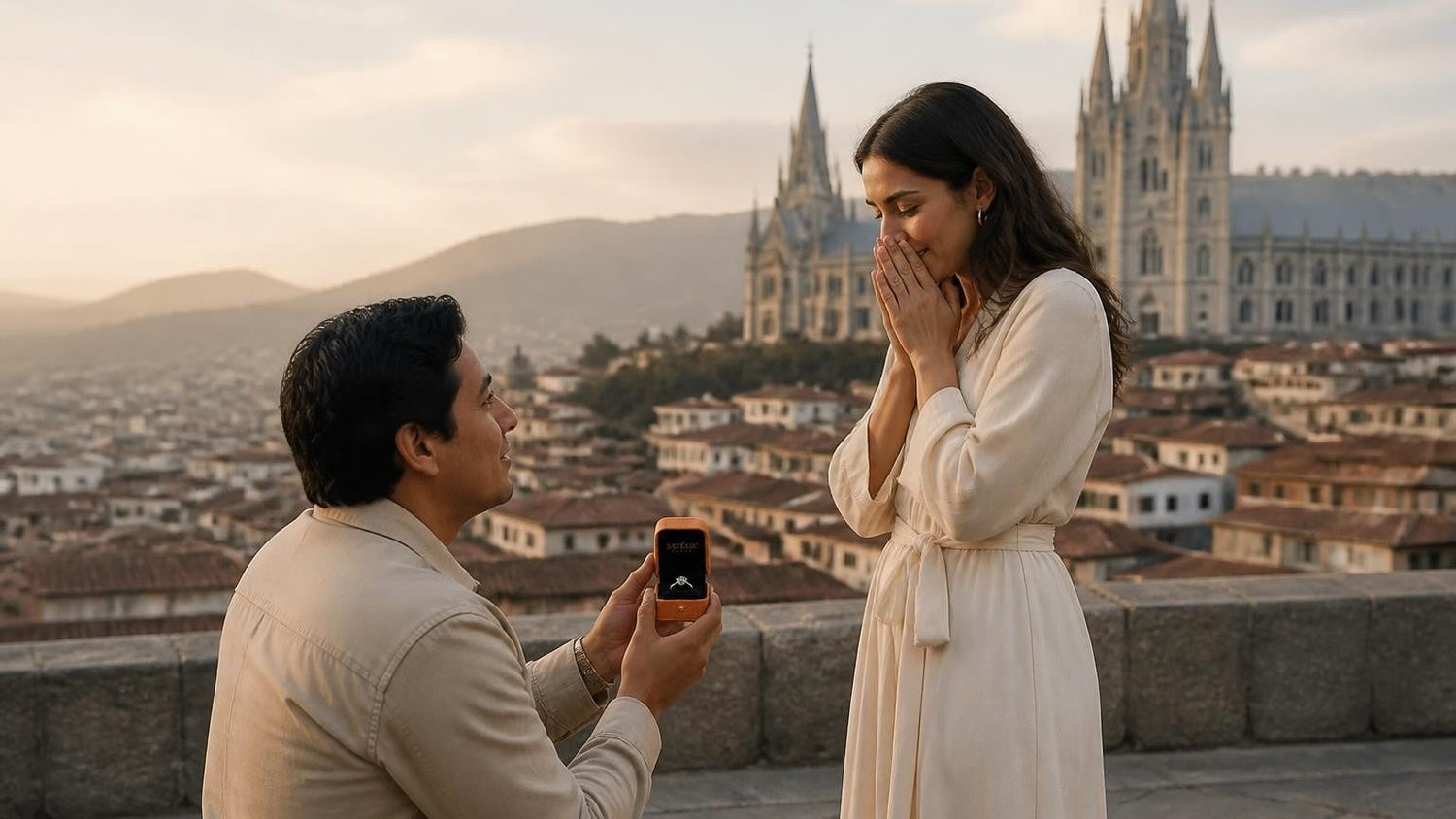 Marriage proposal in Ecuador with the Satéur Destinée Ring — Quito old town below the Basílica del Voto Nacional
