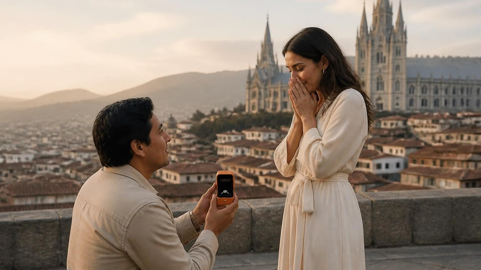 Marriage proposal in Ecuador with the Satéur Destinée Ring — Quito old town below the Basílica del Voto Nacional