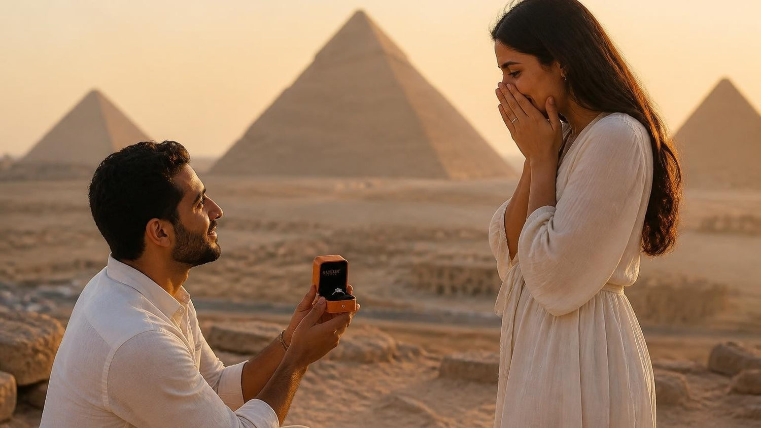Marriage proposal in Egypt with the Satéur Destinée Ring — sunset at the Giza pyramid plateau