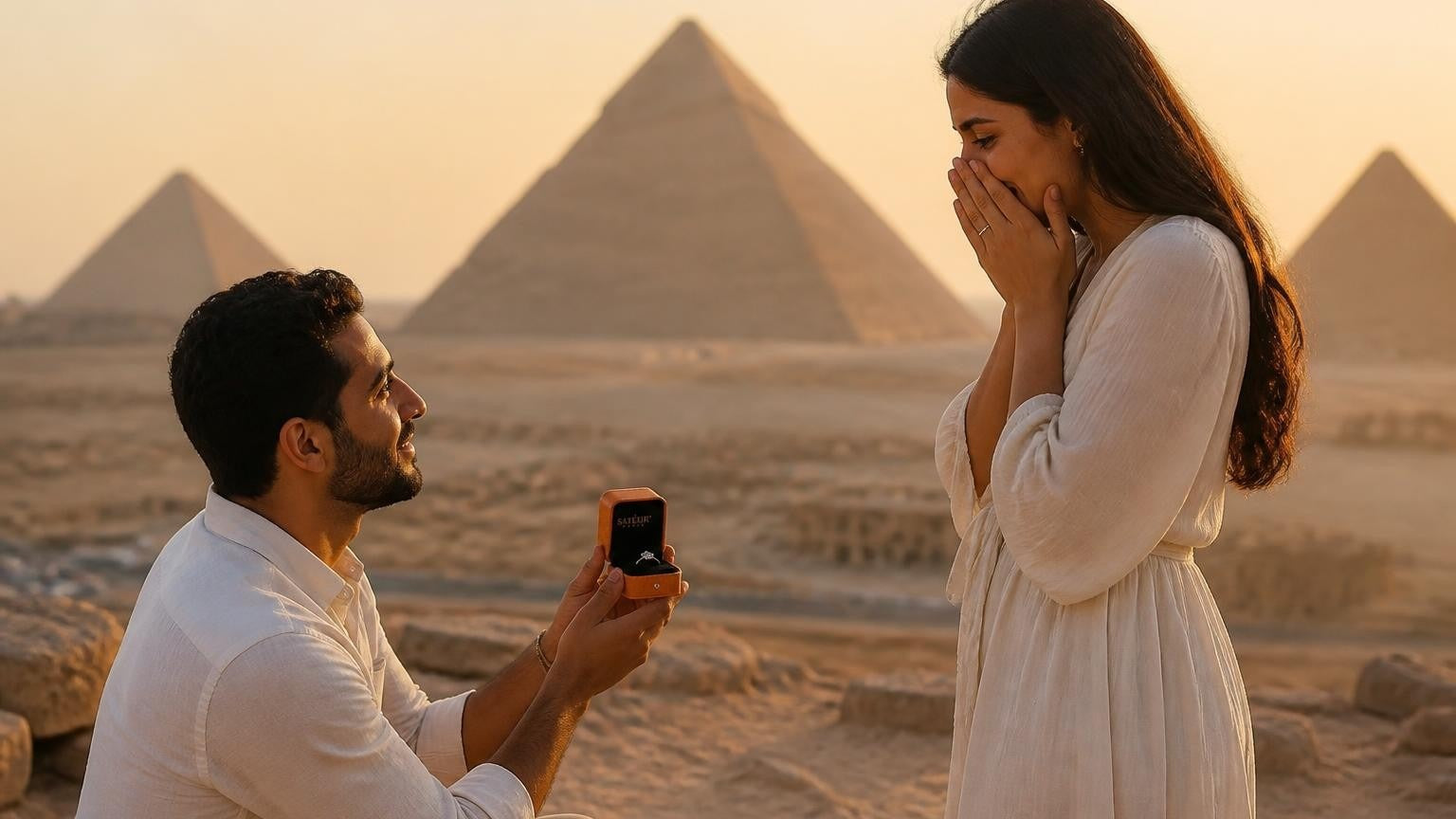 Marriage proposal in Egypt with the Satéur Destinée Ring — sunset at the Giza pyramid plateau