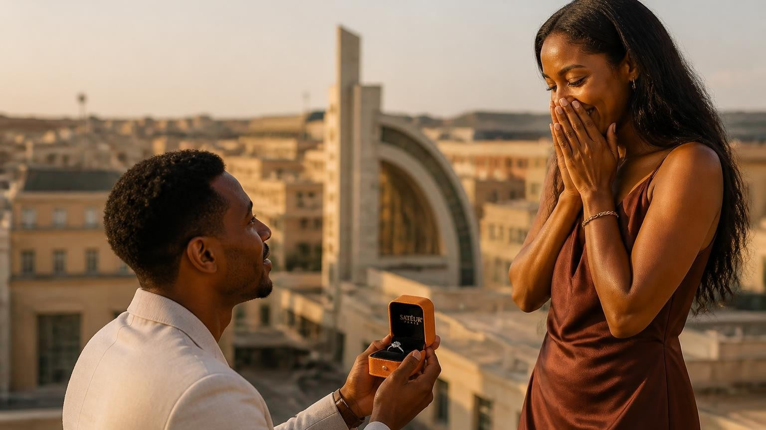 Marriage proposal in Eritrea with the Satéur Destinée Ring — golden-hour rooftop above Asmara's Art Deco skyline