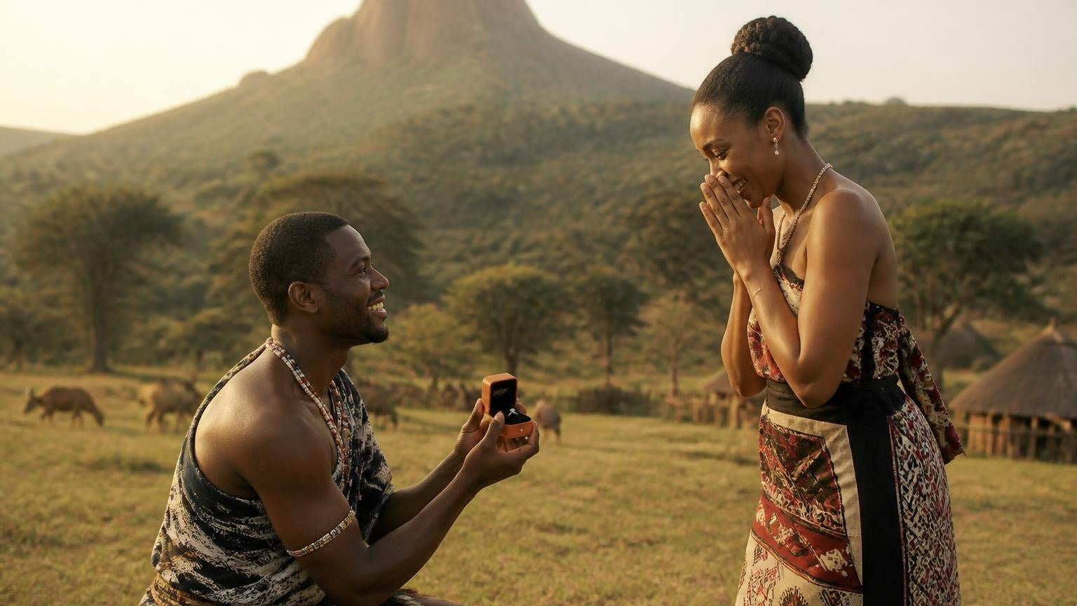 Marriage proposal in Eswatini with the Satéur Destinée Ring — golden-hour moment beneath Sibebe Rock near Mbabane