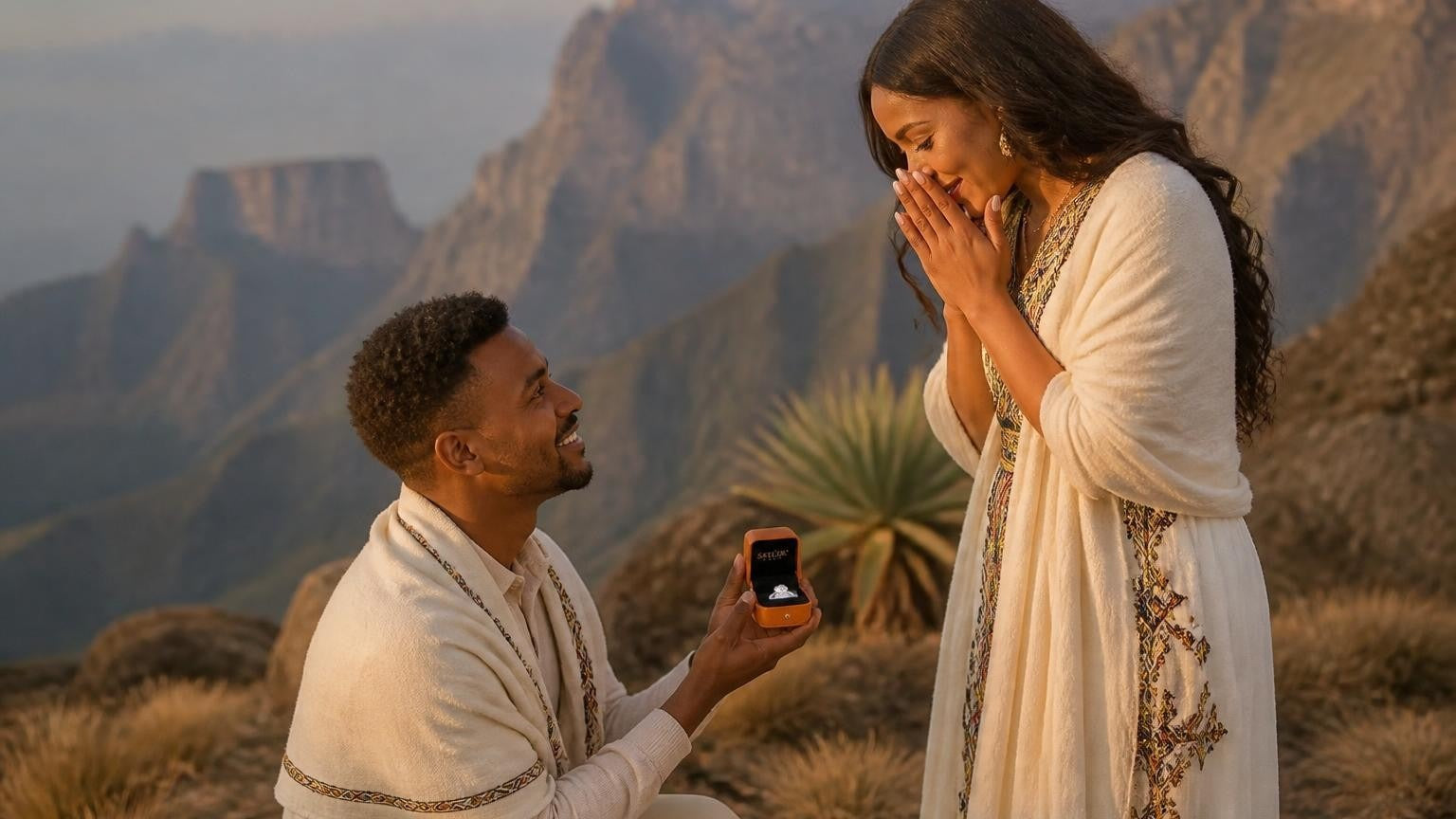 Marriage proposal in Ethiopia with the Satéur Destinée Ring — Simien Mountains escarpment at golden hour