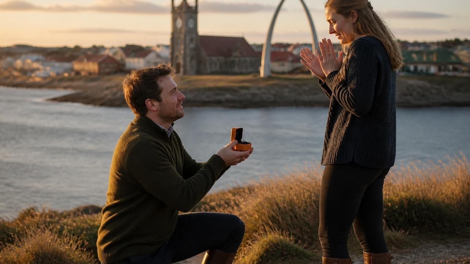 Marriage proposal in the Falkland Islands with the Satéur Destinée Ring — a couple on the windswept South Atlantic coast