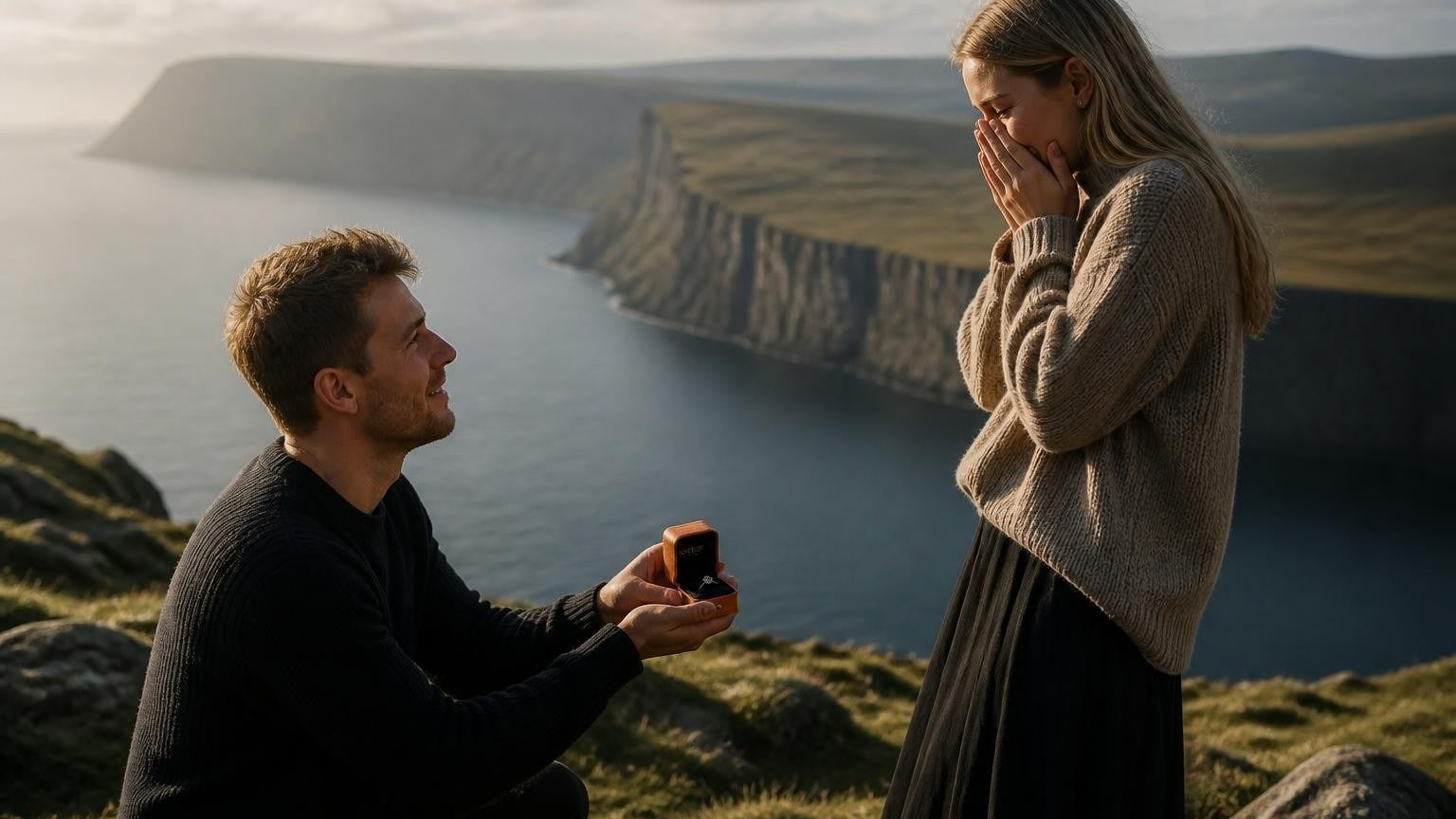 Marriage proposal in the Faroe Islands with the Satéur Destinée Ring — couple on the cliffs above Sørvágsvatn