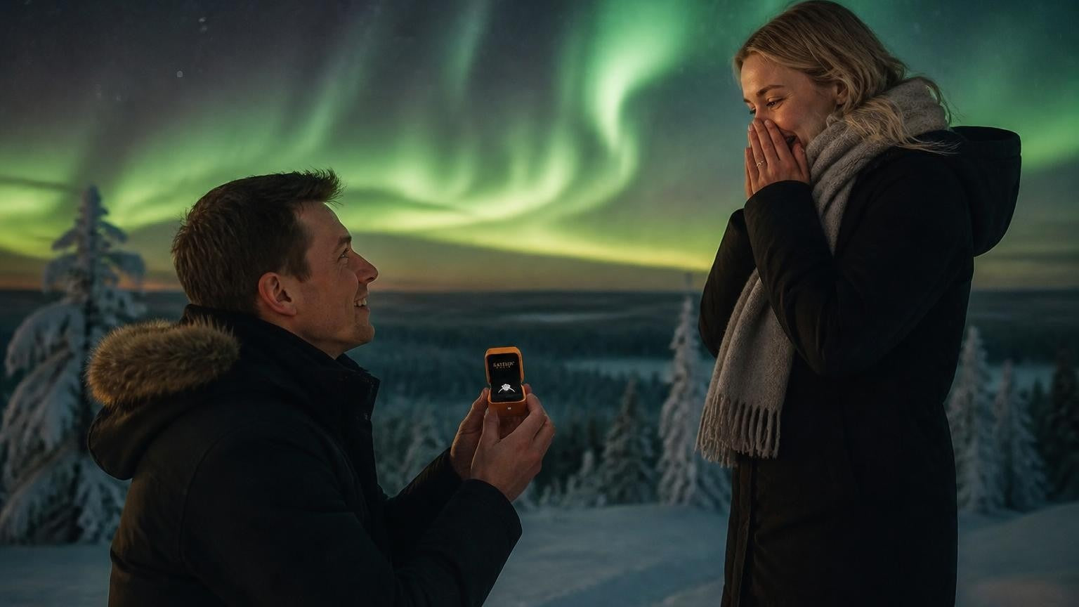 Marriage proposal in Finland with the Satéur Destinée Ring — under the aurora borealis in Lapland