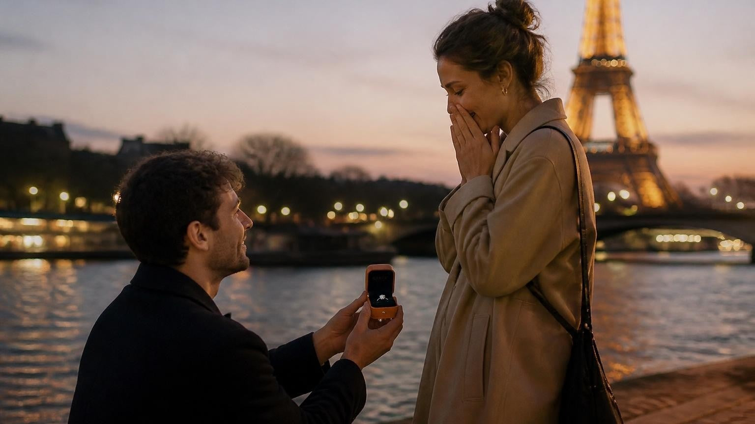 Marriage proposal in France with the Satéur Destinée Ring — couple beside the Eiffel Tower at golden hour