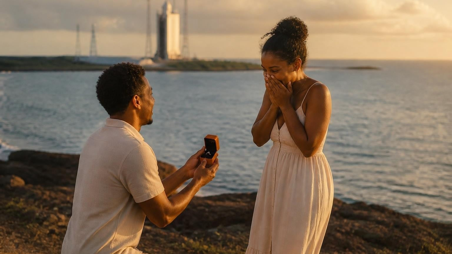 Marriage proposal in French Guiana with the Satéur Destinée Ring — couple at the Guiana Space Centre, Kourou, against the Atlantic horizon