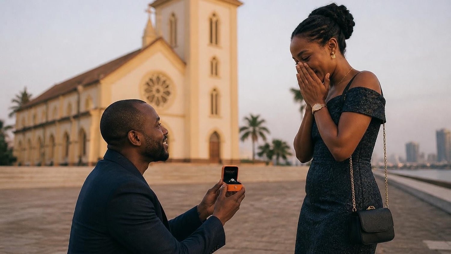 Marriage proposal in Gabon with the Satéur Destinée Ring — golden hour at Christ Church Cathedral, Libreville
