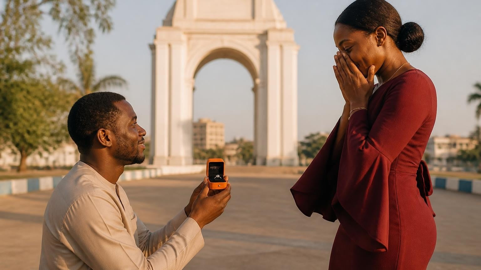 Marriage proposal in Gambia with the Satéur Destinée Ring — sunset on the River Gambia with Arch 22 in the distance