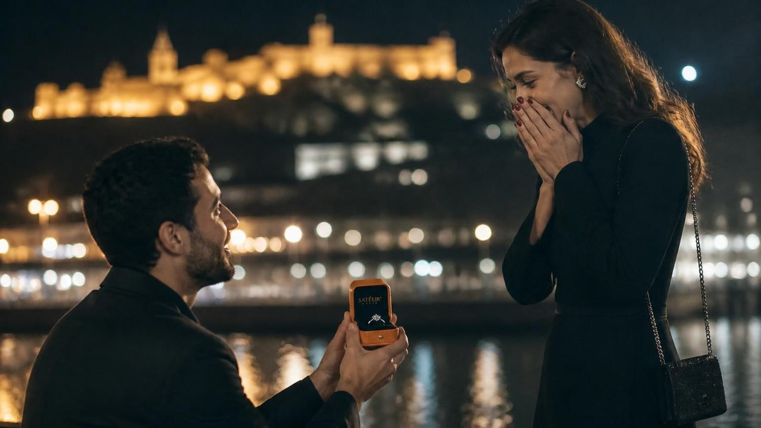 Marriage proposal in Georgia with the Satéur Destinée Ring — Narikala Fortress above Tbilisi at dusk
