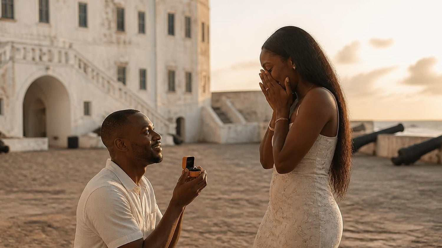 Marriage proposal in Ghana with the Satéur Destinée Ring — golden-hour moment at Cape Coast Castle