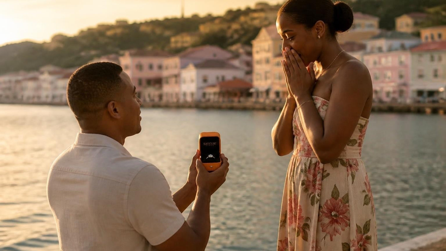 Marriage proposal in Grenada with the Satéur Destinée Ring — golden-hour moment on the Carenage harbour in St. George's