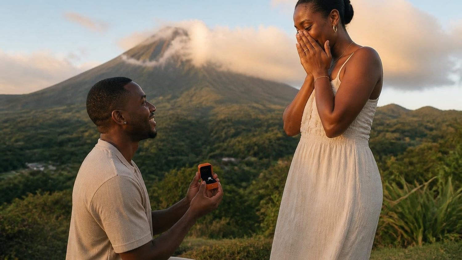 Marriage proposal in Guadeloupe with the Satéur Destinée Ring — sunset at La Pointe des Châteaux
