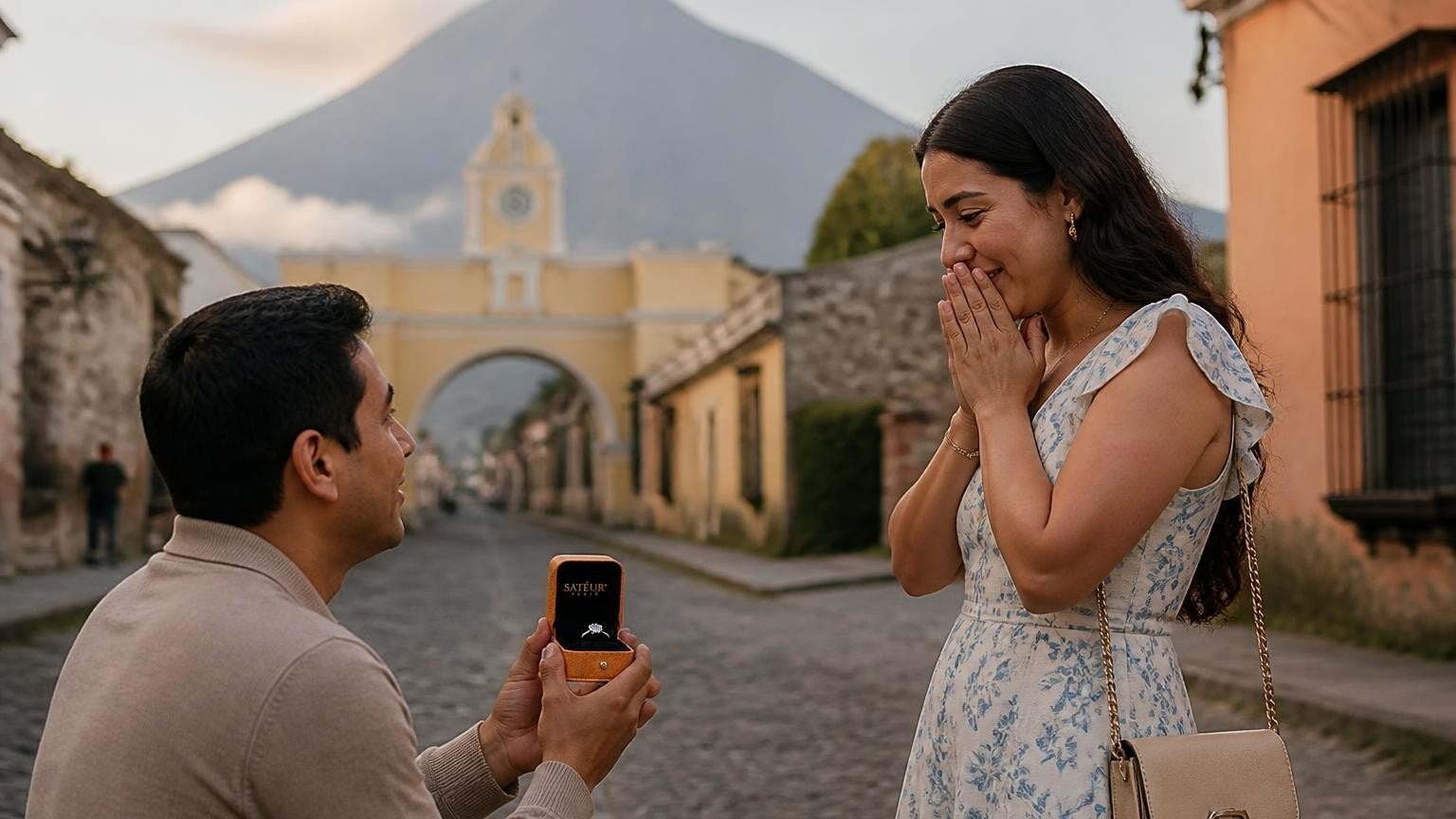Marriage proposal in Guatemala with the Satéur Destinée Ring — golden hour at the Arco de Santa Catalina in Antigua