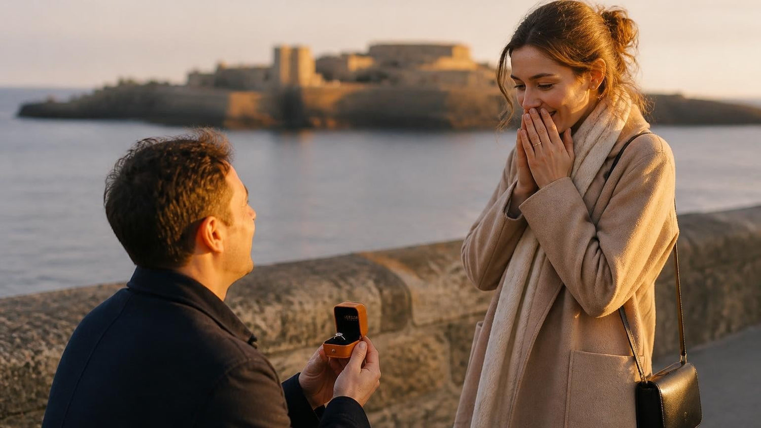 Marriage proposal in Guernsey with the Satéur Destinée Ring — couple at Castle Cornet on St. Peter Port harbour