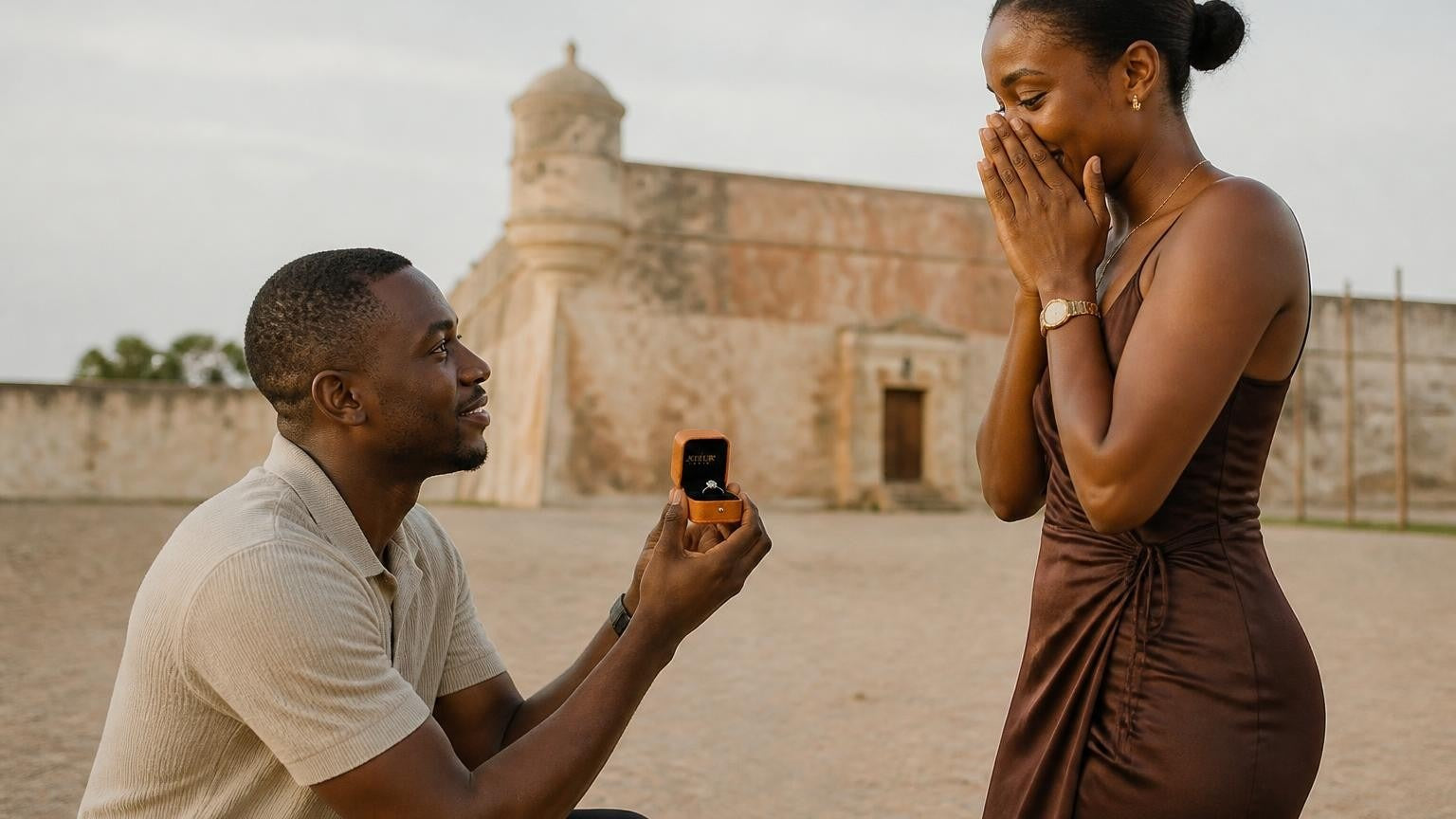 Marriage proposal in Guinea-Bissau with the Satéur Destinée Ring — golden-hour beach on a Bijagos island