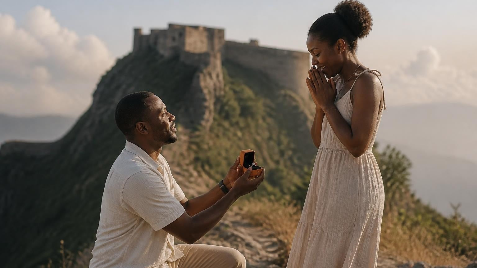 Marriage proposal in Haiti with the Satéur Destinée Ring — at the Citadelle Laferrière on the mountain