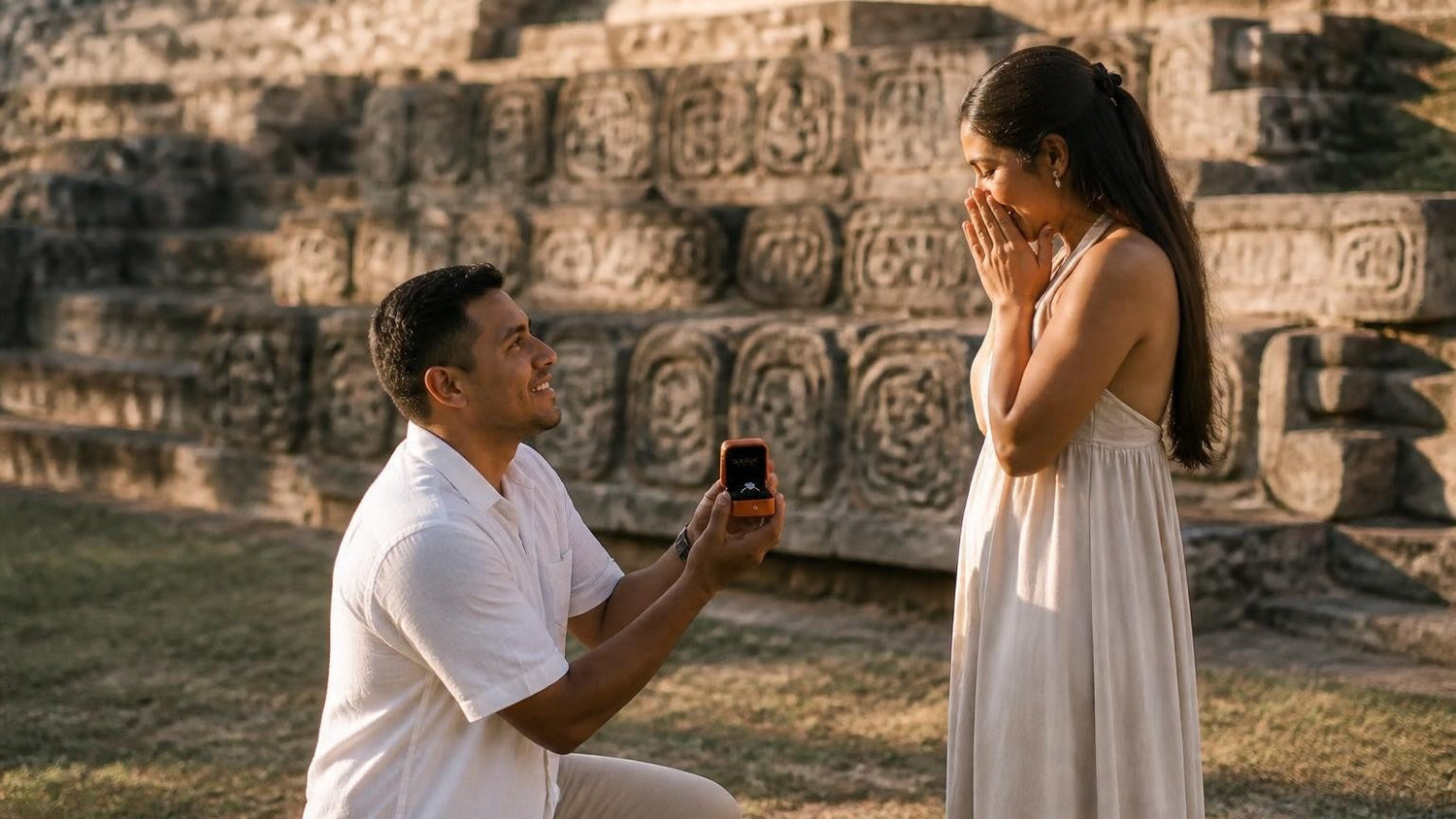 Marriage proposal in Honduras with the Satéur Destinée Ring — sunrise at the Copán Mayan ruins