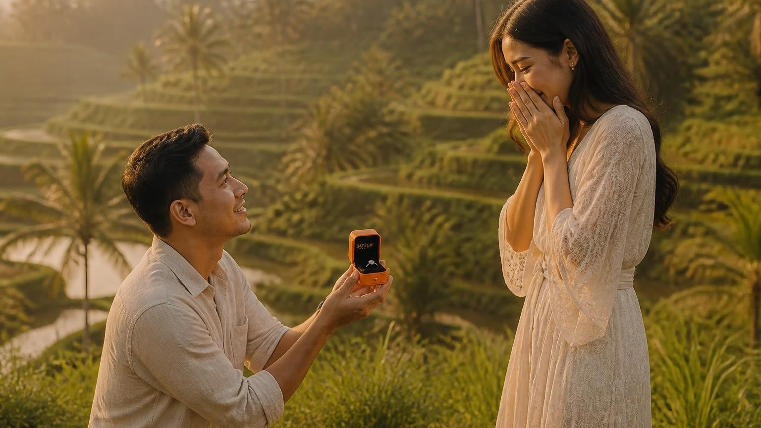 Marriage proposal in Indonesia with the Satéur Destinée Ring — Bali rice terraces at golden hour