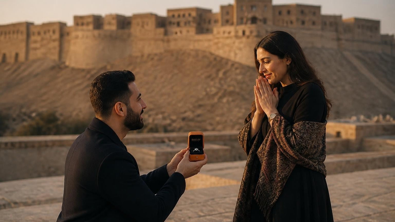 Marriage proposal in Iraq with the Satéur Destinée Ring — dawn over the ancient ramparts of the Erbil Citadel