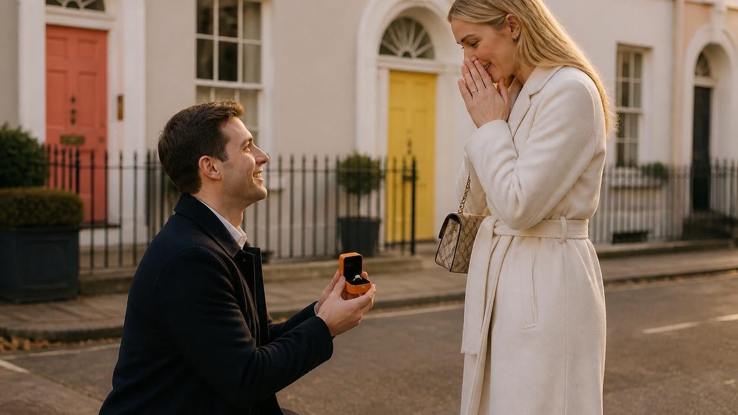 Marriage proposal in Ireland with the Satéur Destinée Ring — a couple at the Cliffs of Moher at dusk