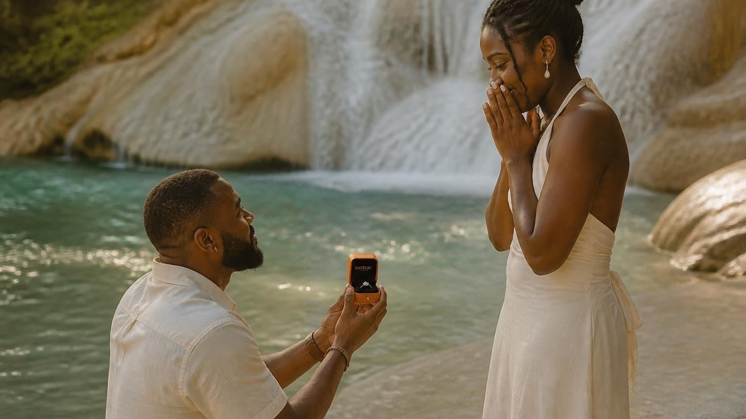 Marriage proposal in Jamaica with the Satéur Destinée Ring — golden-hour moment at Dunn's River Falls