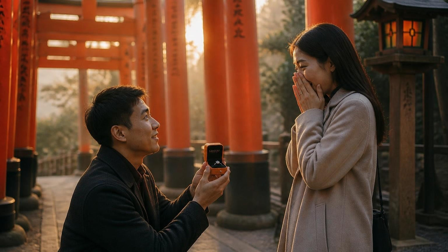 Marriage proposal in Japan with the Satéur Destinée Ring — Fushimi Inari torii gates at dawn