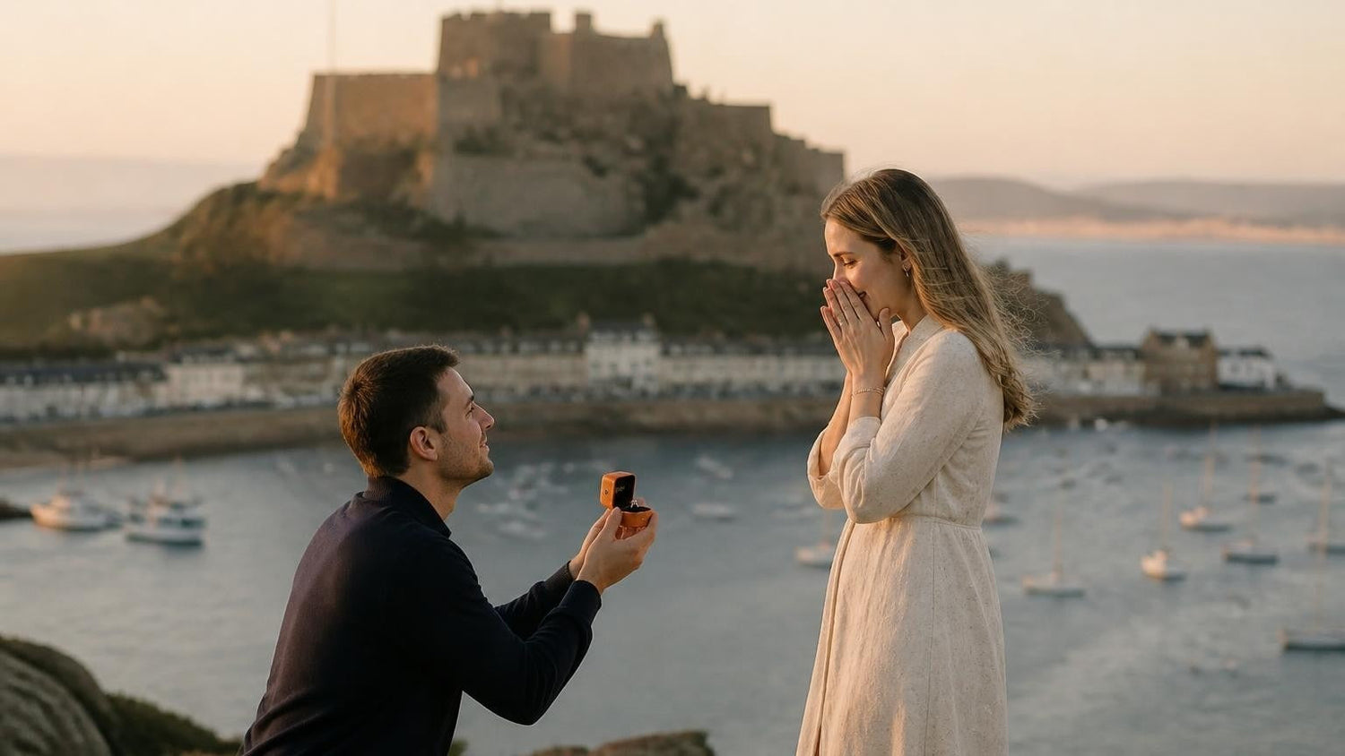 Marriage proposal in Jersey with the Satéur Destinée Ring — couple at Mont Orgueil Castle above Gorey harbour