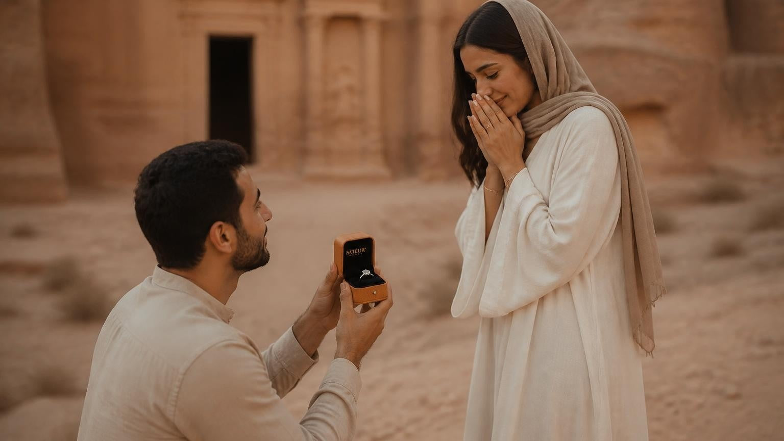 Marriage proposal in Jordan with the Satéur Destinée Ring — golden hour at Petra's rose-red canyon