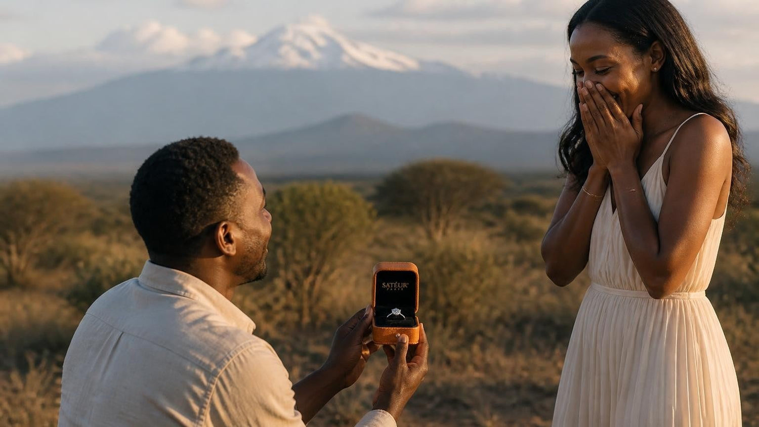 Marriage proposal in Kenya with the Satéur Destinée Ring — couple on the savannah with Mount Kenya at dawn