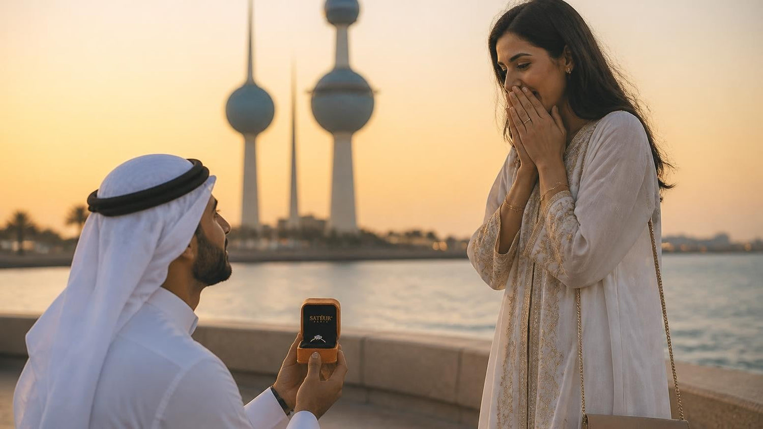 Marriage proposal in Kuwait with the Satéur Destinée Ring — Kuwait Towers at sunset on the Gulf corniche