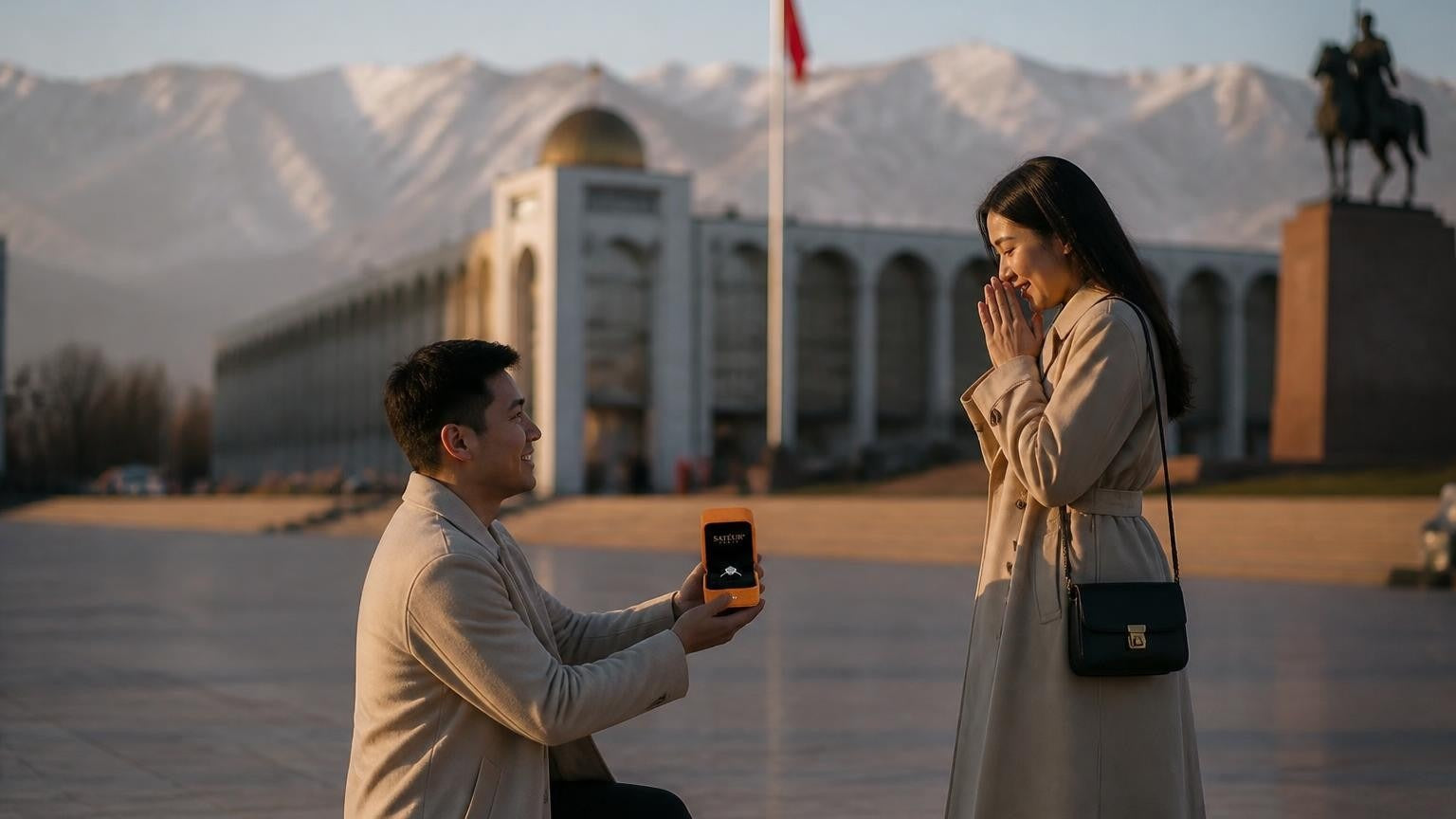 Marriage proposal in Kyrgyzstan with the Satéur Destinée Ring — couple on the shore of Issyk-Kul Lake beneath the Tian Shan