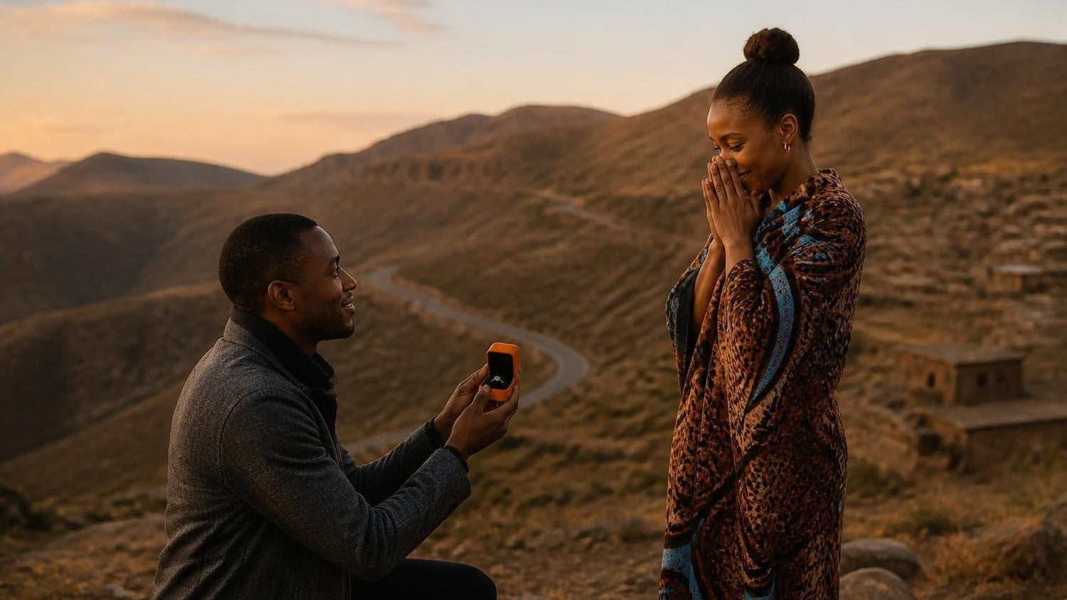 Marriage proposal in Lesotho with the Satéur Destinée Ring — couple at the top of Sani Pass in the Maluti Mountains