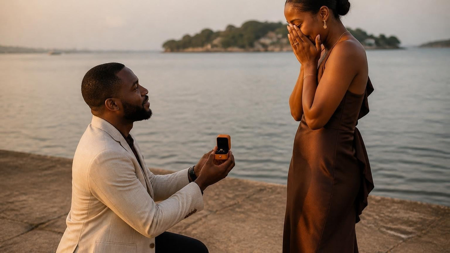 Marriage proposal in Liberia with the Satéur Destinée Ring — sunrise over Providence Island at the St Paul River estuary