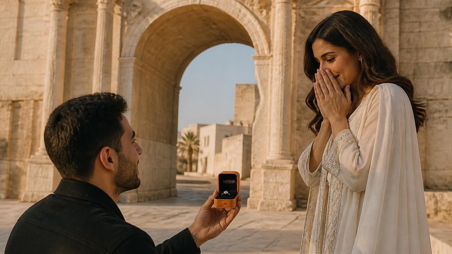 Marriage proposal in Libya with the Satéur Destinée Ring — at the Arch of Marcus Aurelius in Tripoli's Old City